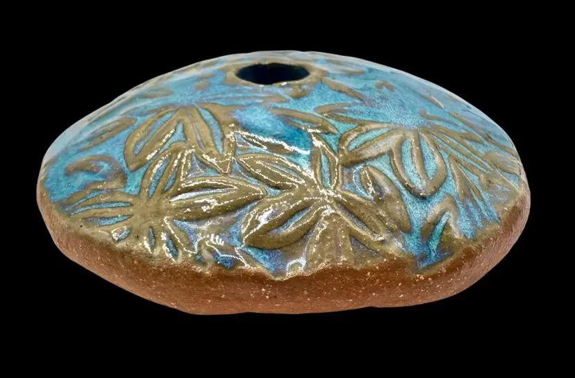 Signed ML Studio Art Pottery Small Bud Vase Flat UFO Disc Blue Floral 3 x 1”