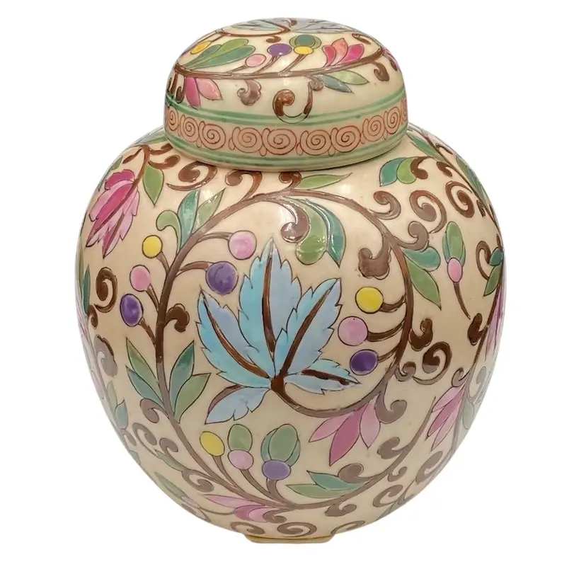 Colorful Porcelain Ginger Jar with Lid, Made in Macau, Vines and Leaves, 6" Tall