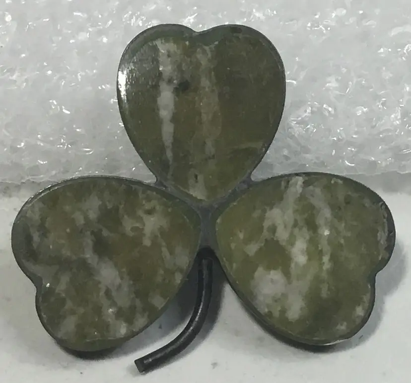 Vintage Irish shamrock brooch, sterling setting, green & white Cannemara marble stones
