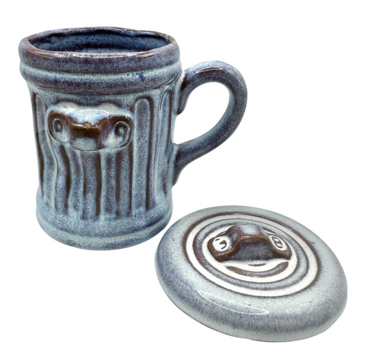 Vintage Stoneware Pottery Lidded Mug Cup Trash Can Dumpster Drip Glaze 4.75”
