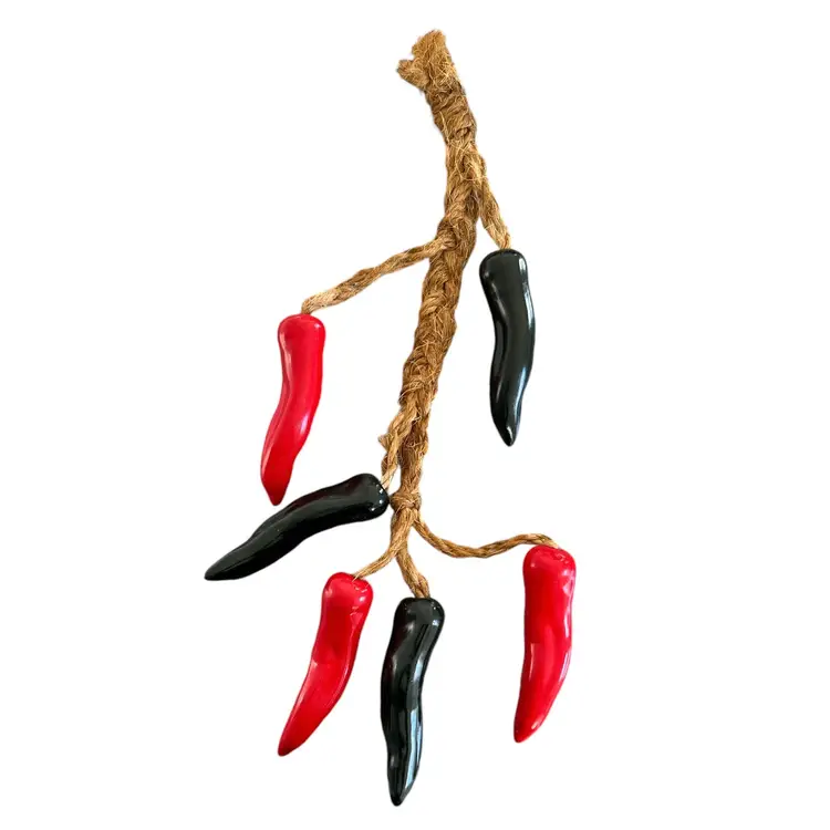 Ceramic Red And Black Chili Peppers Wall Hanging On A Rope