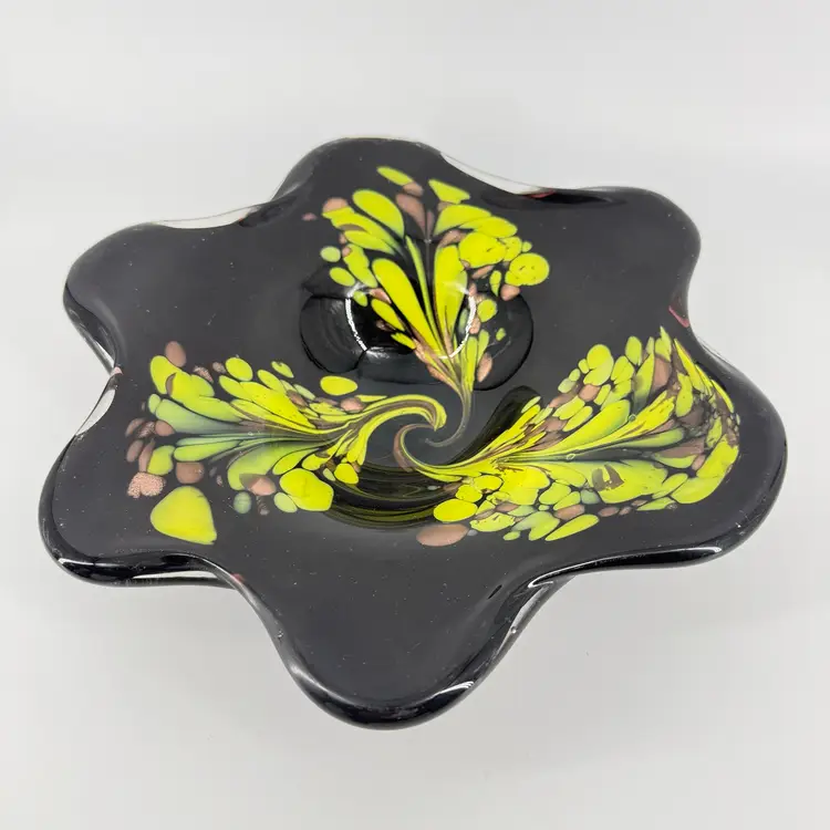 Murano Art Glass Black Yellow Swirl Bowl