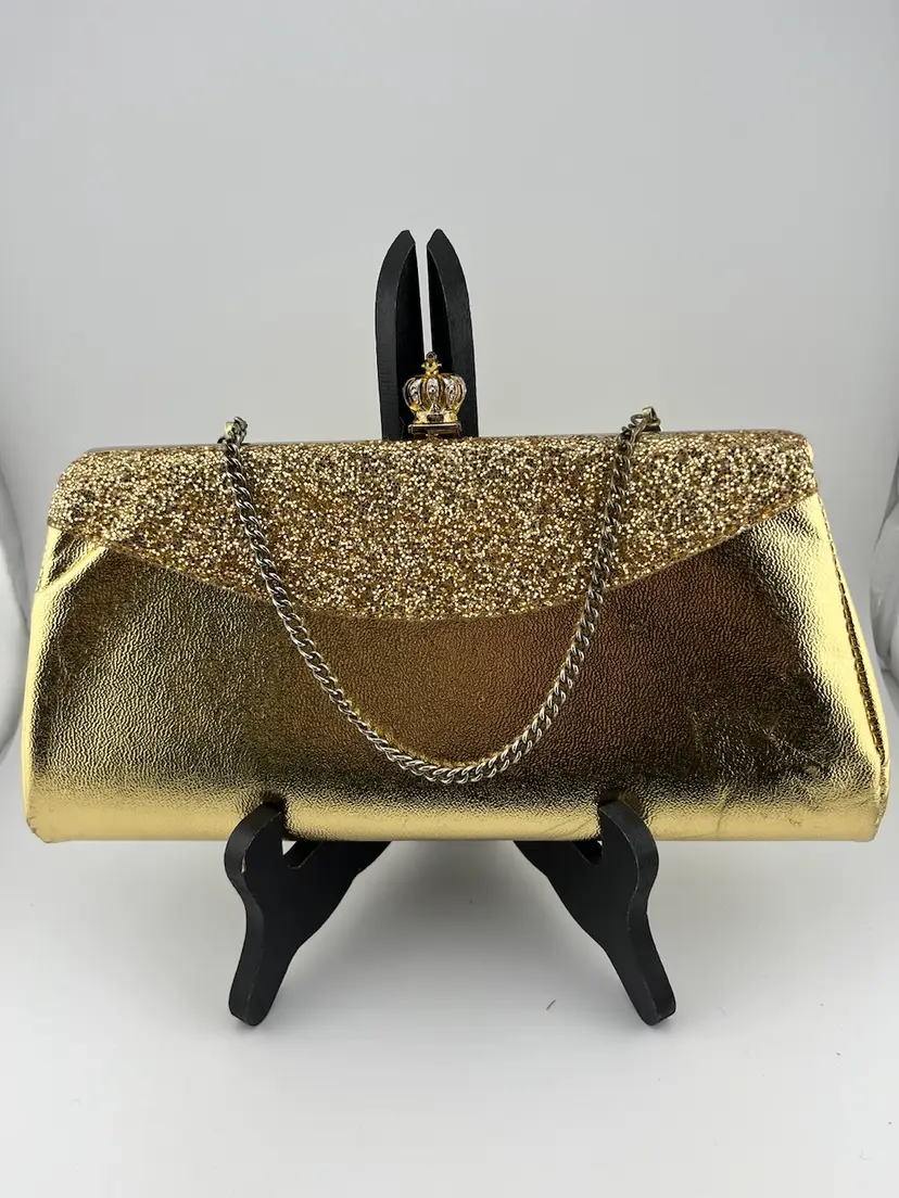 Very Vintage metallic gold, w/ gold glitter, Crown on clasp, clasp works, Chain handle purse