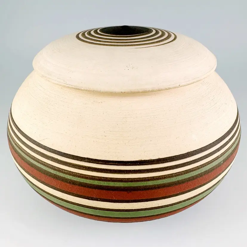 George Boutross Studio Pottery, Lidded Pot with Hand-Painted Concentric Circles, Made in USA
