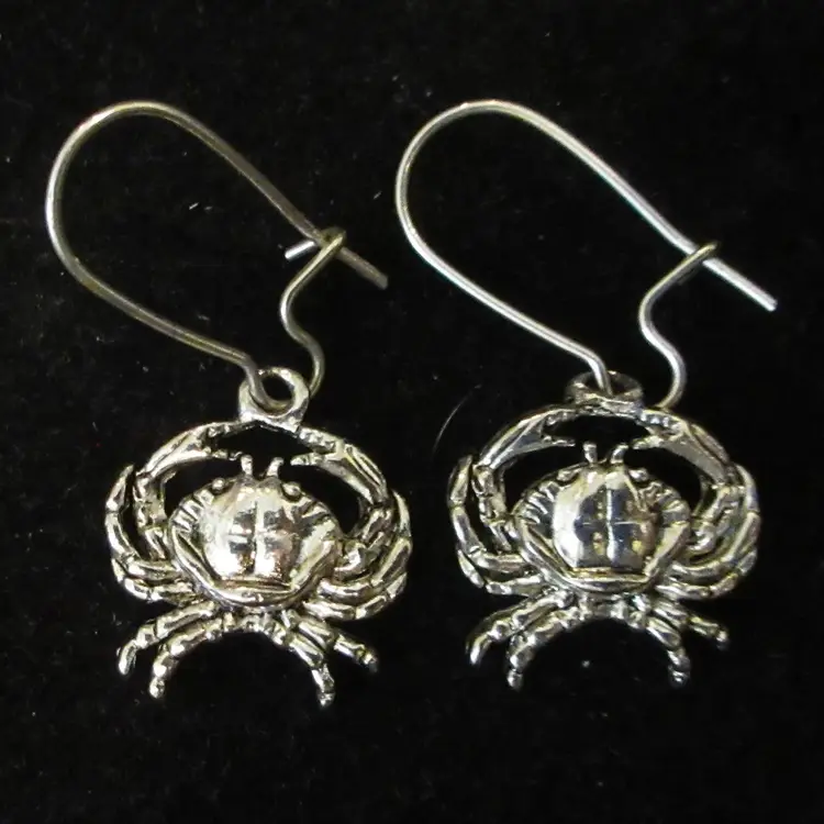 Vintage Silver Tone Metal Crab Dangle Earrings - Signed MJ