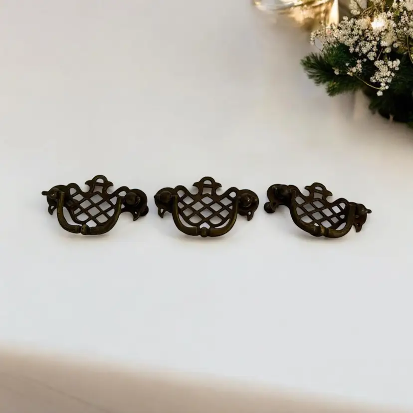 Set of 3 Antique Chippendale Drawer Handle Pulls. 2" Bore.