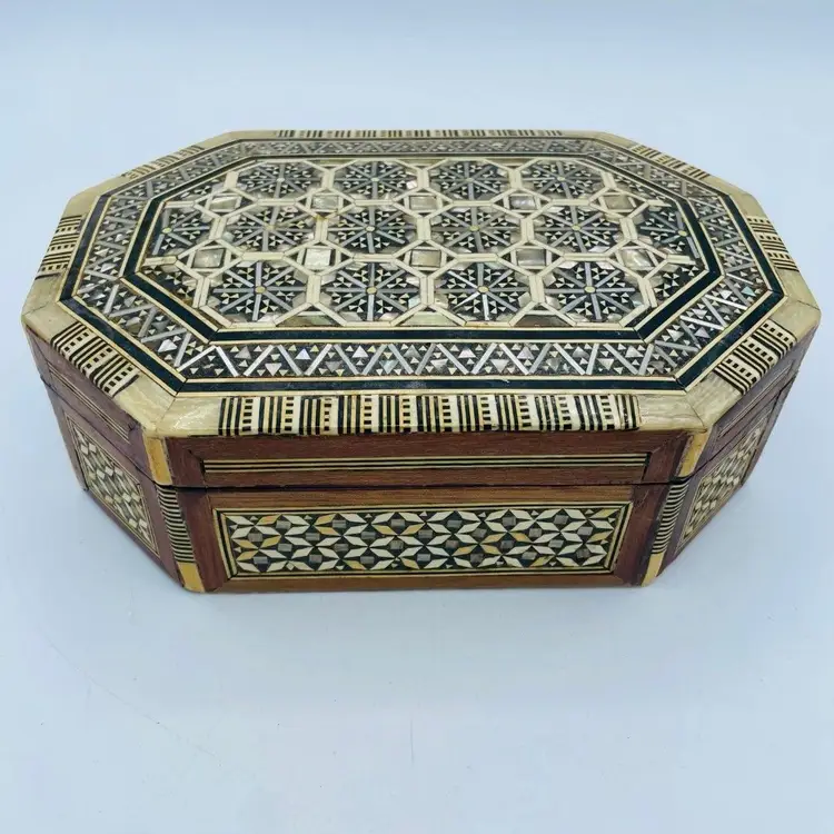 Vtg Large Mother of Pearl Hand Crafted Wooden Inlaid Jewelry Box Micro Mosaic