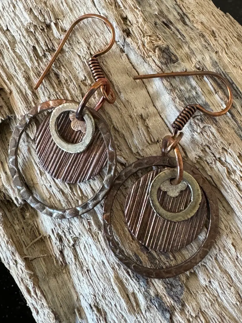 #19 Four Artistic Shape Copper And Metal Textured Earrings Boho Chic 1 1/4”  1”W