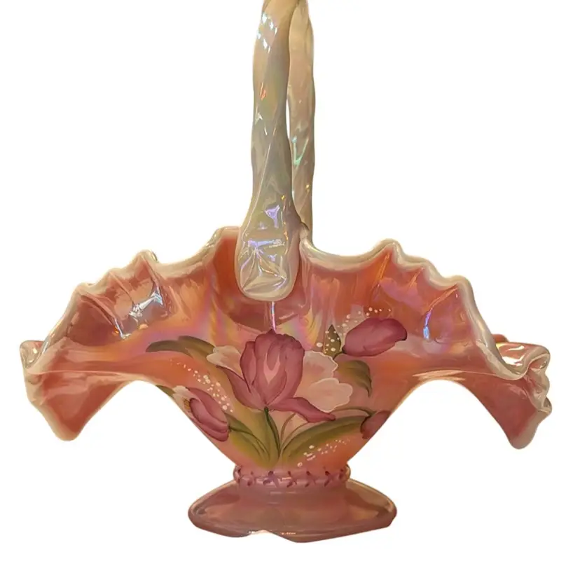 Fenton Glass Legacy Collection - Rosalene Pink Iridescent Tulips Basket - Hand Painted By J Cutshaw & Signed Bill Fenton - 95th Anniversary