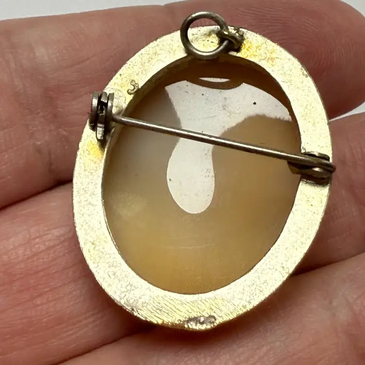 Vintage Carved Shell Cameo Brooch Pin Pendant Convertible Landscape Scene Silver