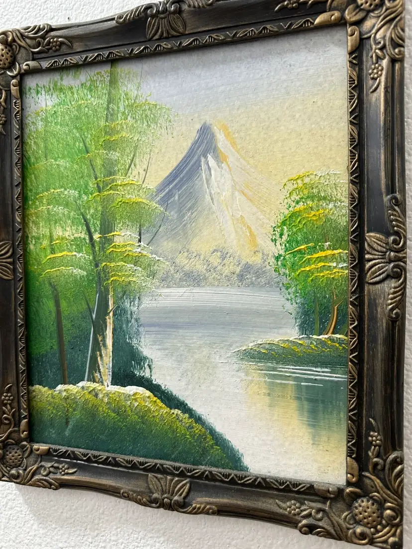 Vintage Original Oil Framed Board Painting Outdoor Lake Mountains