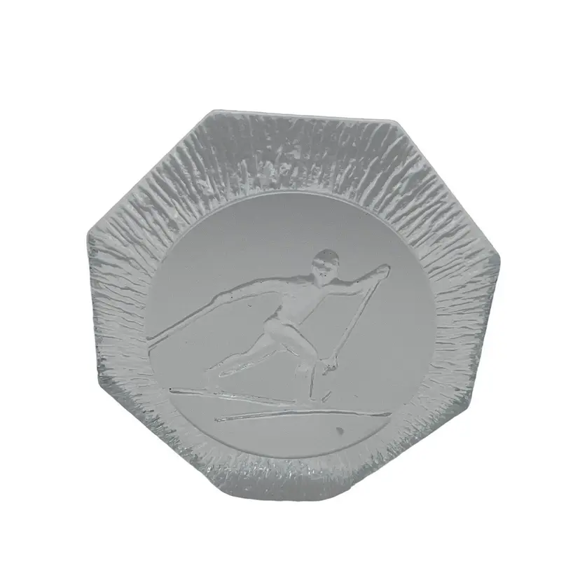 Cross Country Skiing Glass Paperweight 4.5" Frosted Glass Winter Sport Octagon
