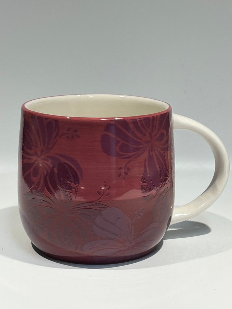 Starbucks- 2011 Retired -Hibiscus/ Chinese Rose- Hand Painted Burgundy Coffee Cup/ Mug- 3 1/3” Tall, 3 1/2” Wide