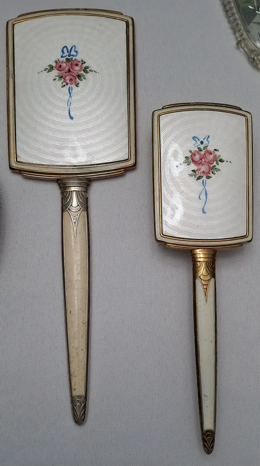 140 Vintage Guilloché Enamel Vanity Set – Floral Mirror & Brush – Stratton Style England