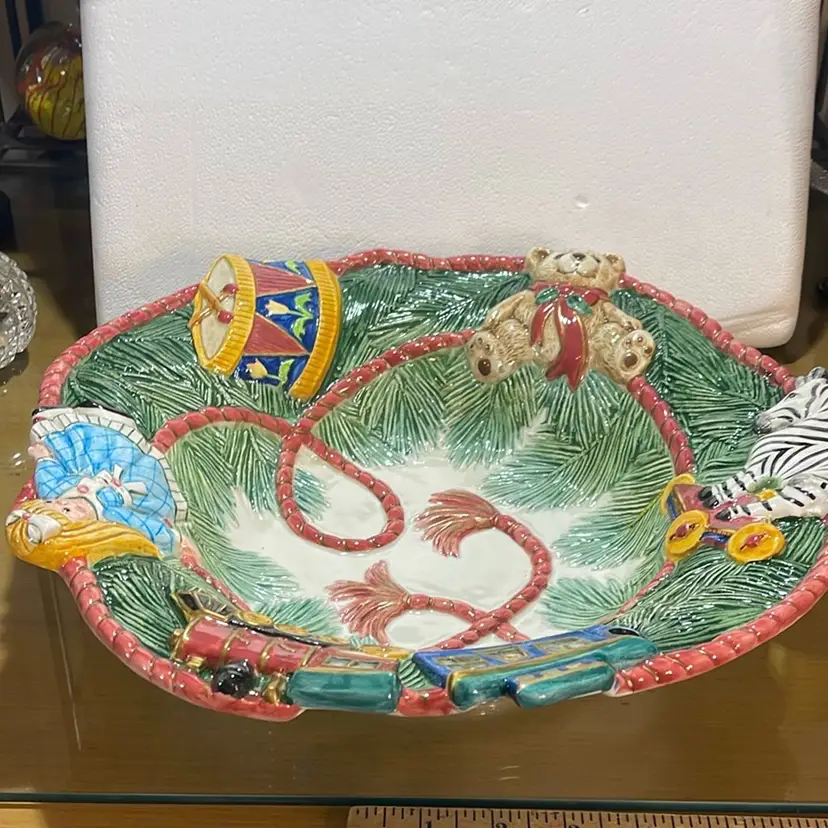 Fitz and Floyd Old Fashioned Christmas Bowl train, teddy bear, zebra toy 13”