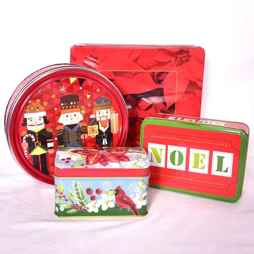 Lot of 4 Christmas Holiday Tins Various Sizes Household Decorations