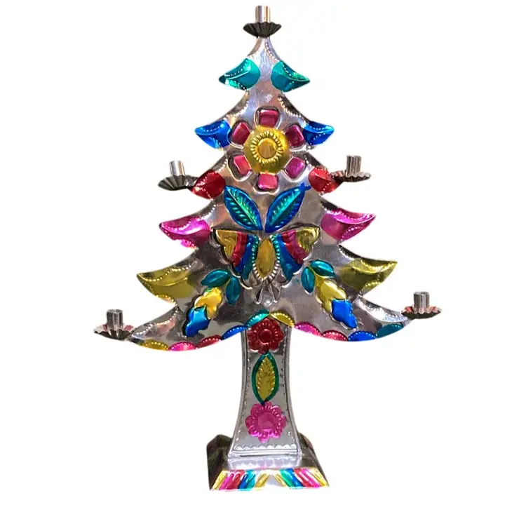 Mexican Christmas Tree Hand Painted Punched Metal Candelabra