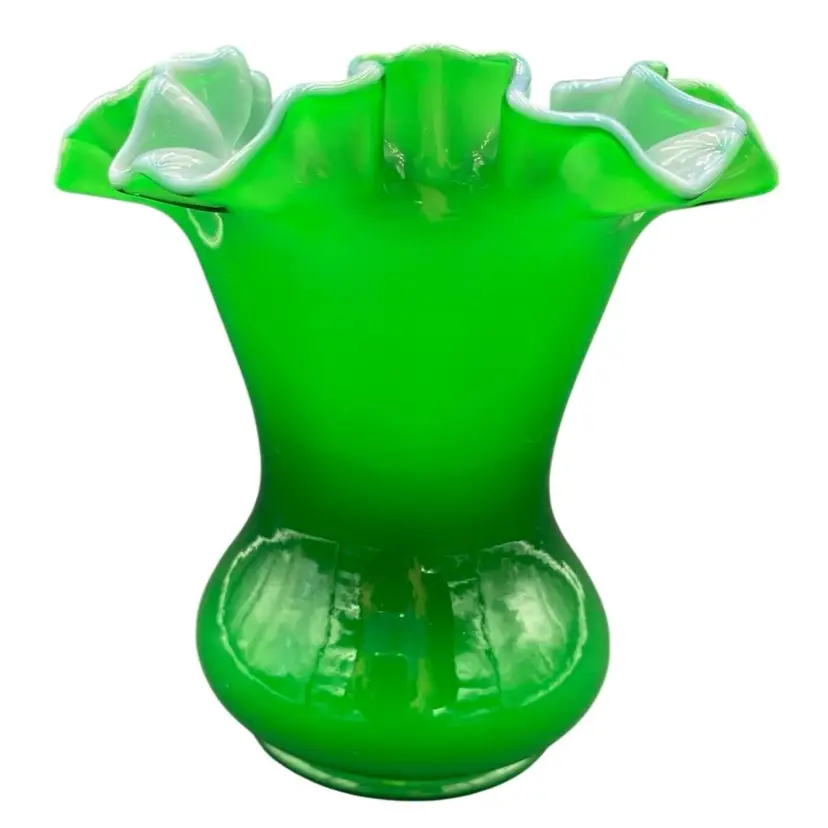 Vintage Fenton 6.5" Ruffled Vase, Ivy Green Overlay over White, 1949-1952, MINT