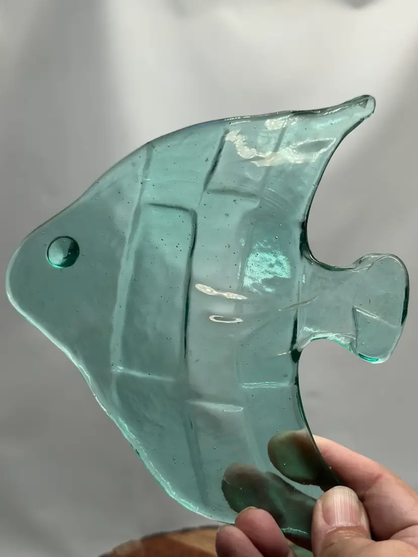 Blown Lot Of 3 Green Fused Art Glass Flat Tropical Angel Fish Paperweight Risers