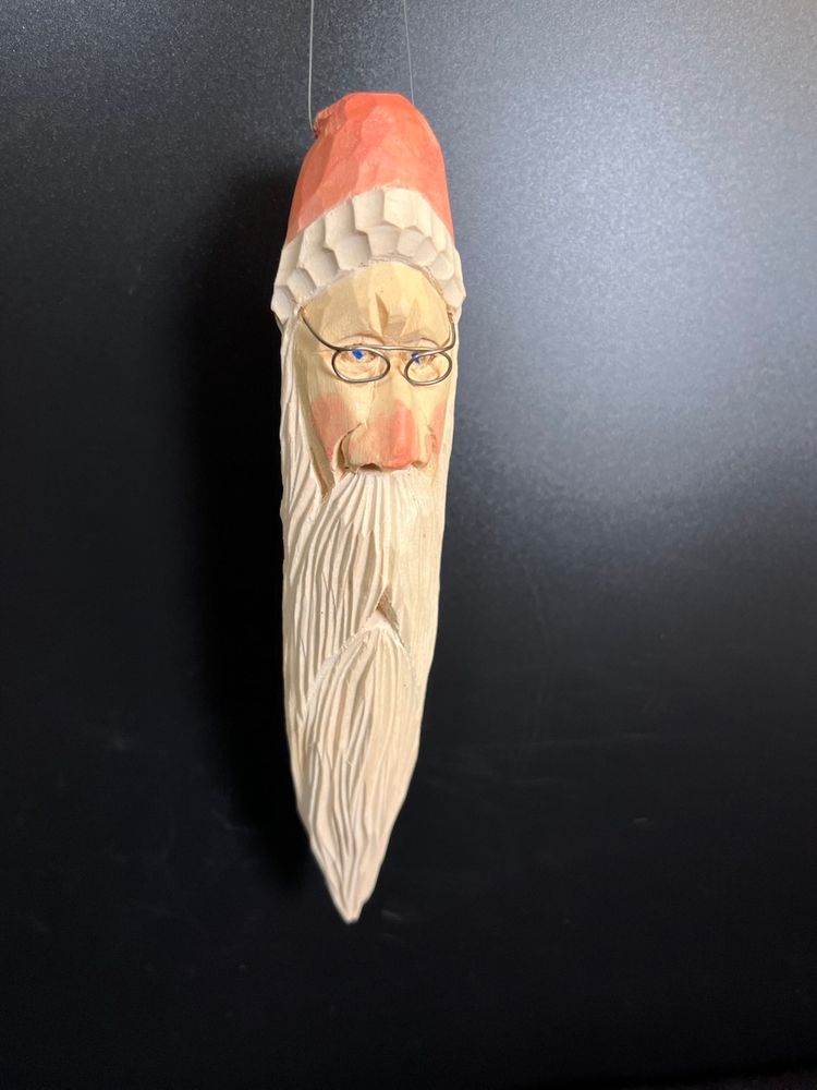 Folk Art Wood Carved & Hand Painted Santa Claus Head, Complete w/ Wire Rimmed Glasses-Ornament-Lot 60