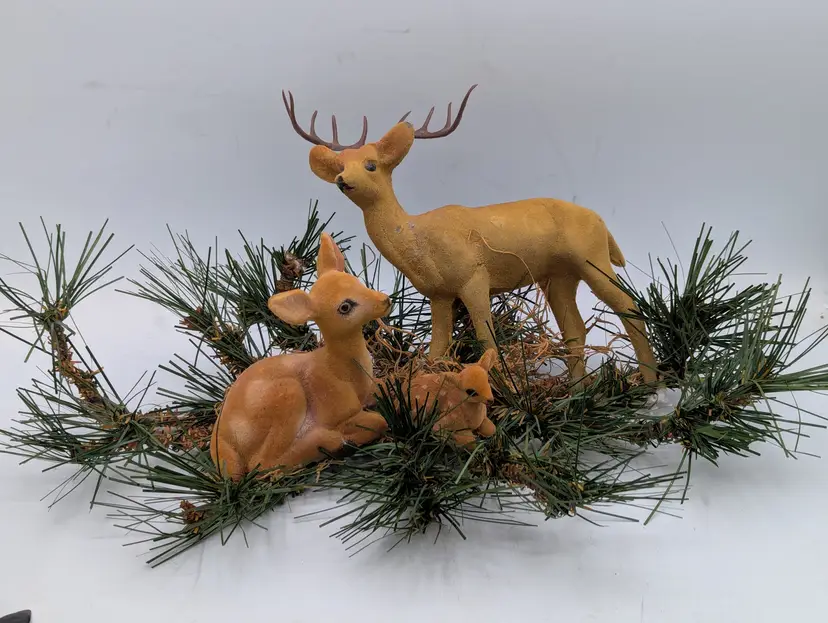 Vintage Mid-Century Flocked Christmas Deer Family - Set of 3 Buck Doe Fawn