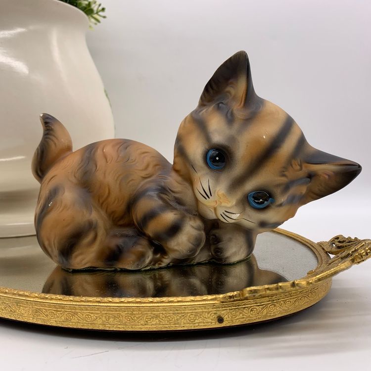 Vintage Norleans Ceramic Orange Tabby Cat With Blue Eyes Made in Japan 4" Tall