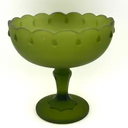 047. Vintage Indiana Glass Teardrop Avocado Green Satin Glass Pedestal Compote Dish