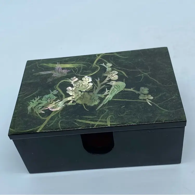 Korean Mother Of Pearl Lidded Lacquerware Box Marbles Top With Bird