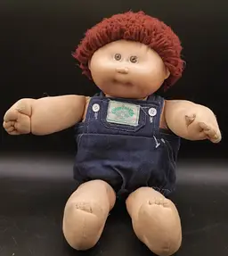 Vintage Cabbage Patch Kid Brown Hair Boy Green signature 1984 Brown Eyes Overalls