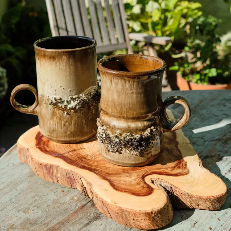 Two MCM Icelandic Glit Studio Pottery Real Lava Mugs - Iceland 1970s