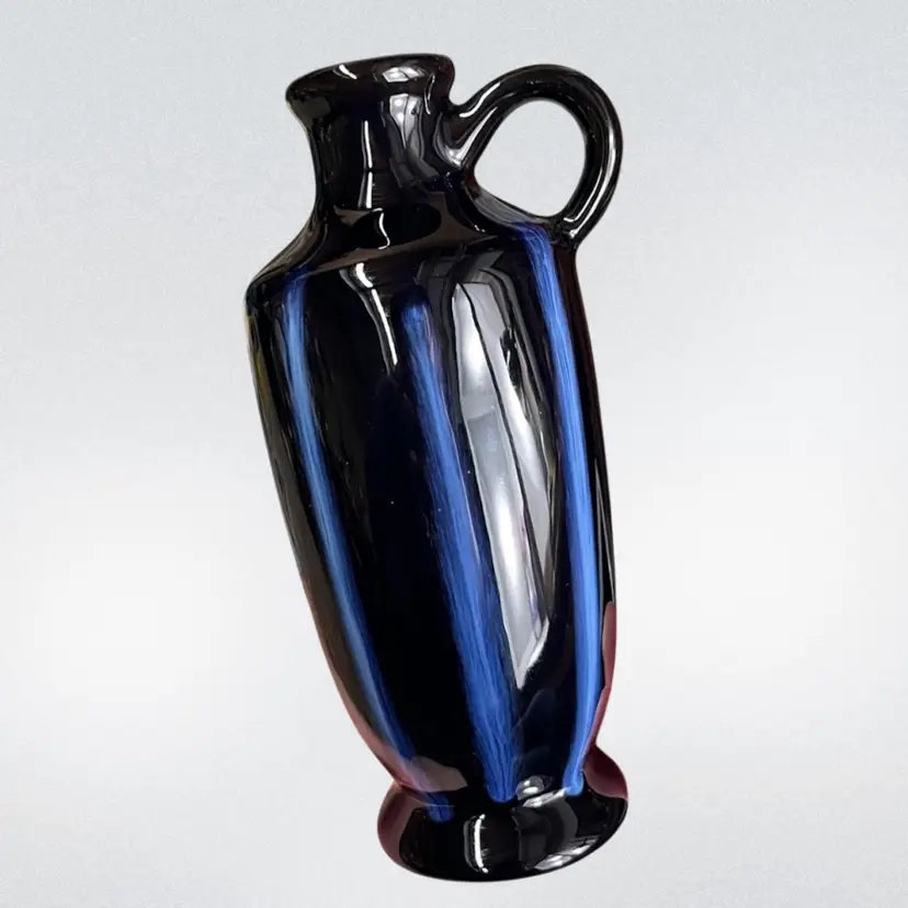 Vintage Huronia Pottery Red Earthenware Vase Reflowing Flame Glaze Blue Made In Canada, Canadian Huronia Pottery Blue And Black Glaze Pitcher Vase