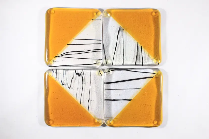 Chris Paulson Dichroic Iridescent Amber Golden Diagonal Fused Art Glass Coasters (Set of 4)