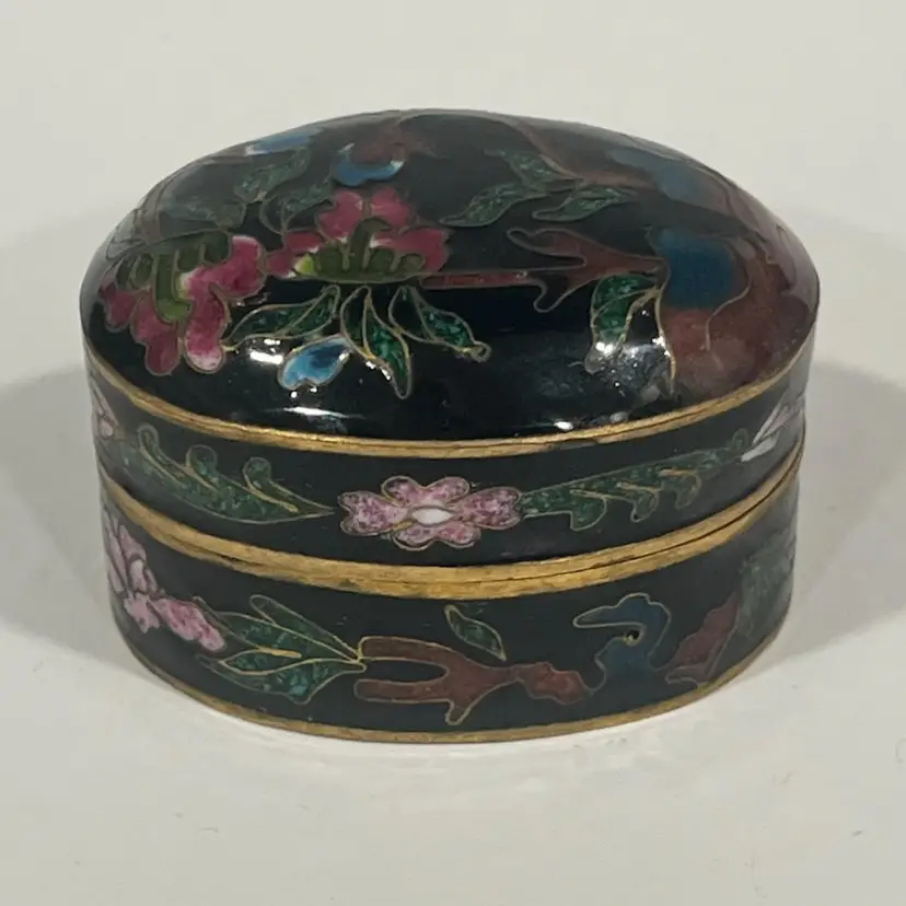 Cloisonné- Hinged- Oval- Vintage- Black Floral -Small 2-1/8”-Trinket/Pill Box