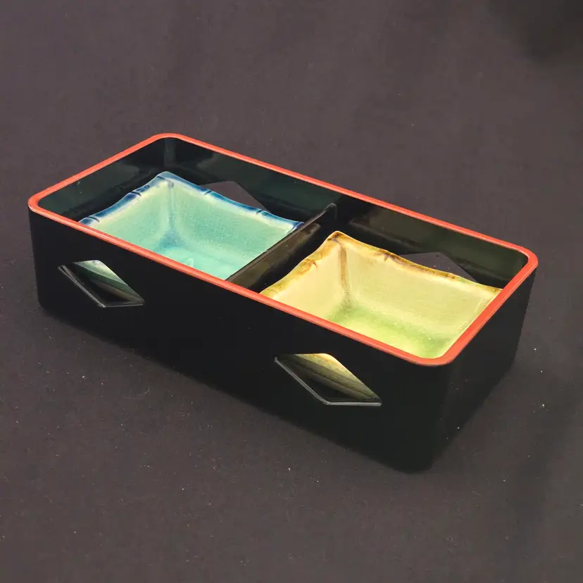 Lacquer Bento Box ANA Japan + Ceramic Sushi Dipping Dishes (set of 2) Decor with Condition Issues