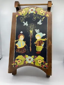 Small Christmas Wooden Sled, Rosemaling, Nordic 'God Jul' with Children