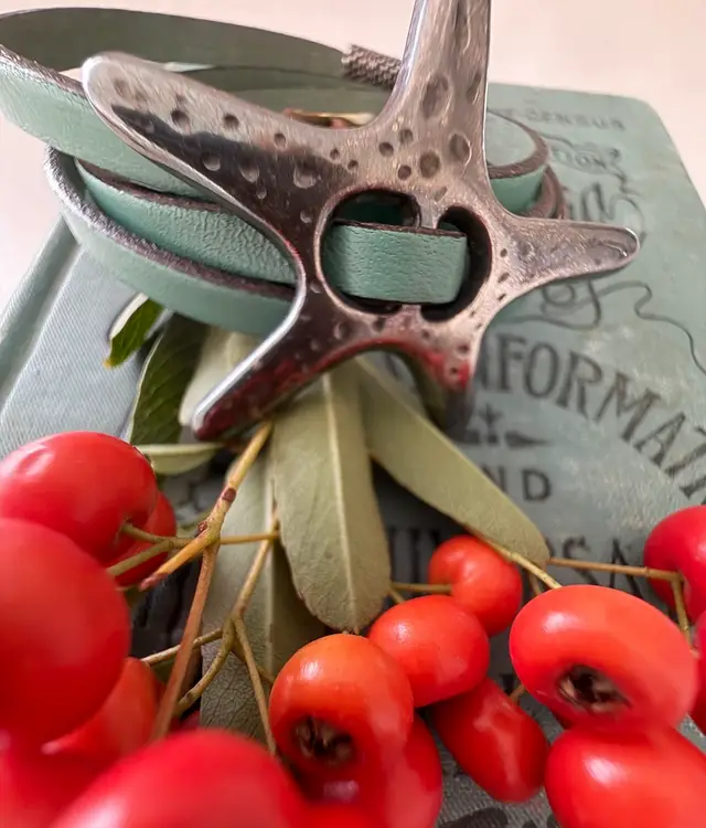 Silver Starfish Aqua Blue Wrap Leather Bracelet With Clasp