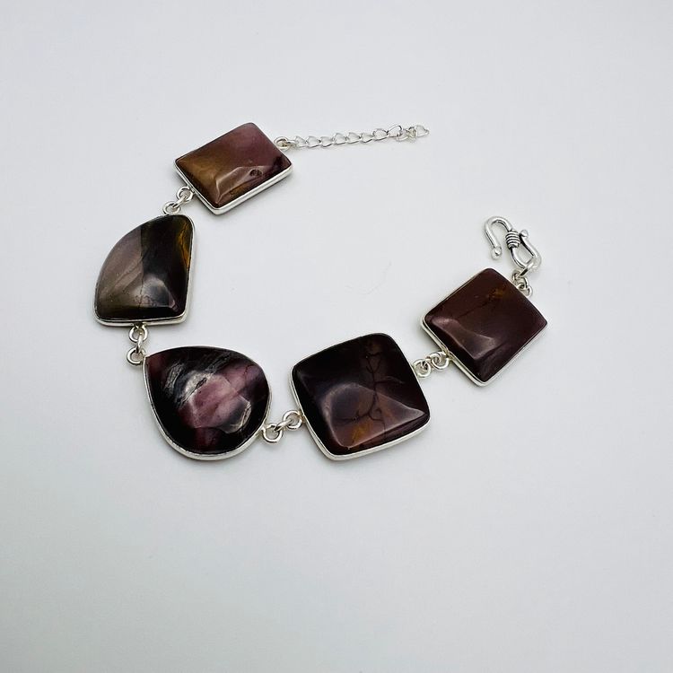 Handcrafted 5-Stone Mookaite Jasper Bracelet in Sterling Silver Finish