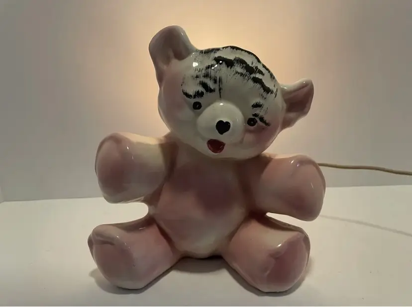 Vintage Ceramic Pink Teddy Bear Nursery Lamp Night Light 1950s Planter Kitschy