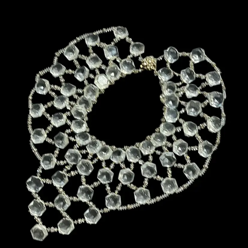 Signed Mariam Haskell huge vintage runway lucite rock crystal and rhinestone bib collar necklace signed laid flat side to side about 11 inches clasp to end of drop 11 inches 3 Jewelry , Vintage, inches at its narrows Art Deco… Hollywood Regency Highly Collectible! Bring The Bling Back!