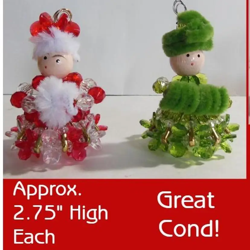 Vintage MCM Kitsch Handmade Beaded Safety Pin Christmas Lady Ornaments!