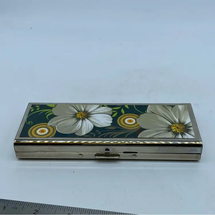 #1846 Decorative floral metal Storage box with hinged lid Great For Make Up Or Pencils 6” x 2.5”