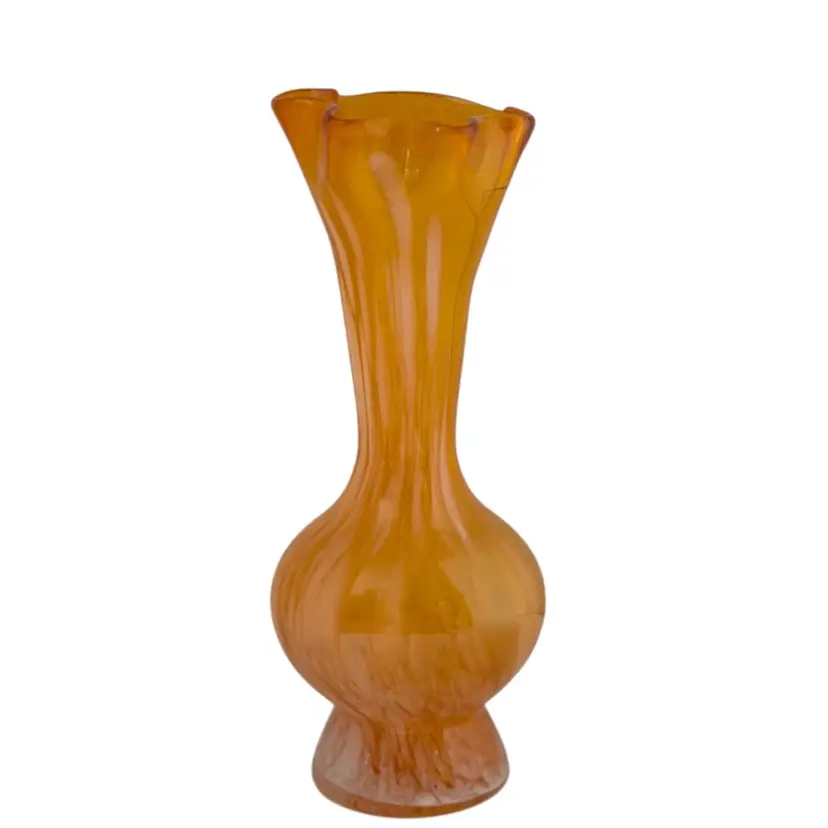 Vintage Lefton Vase Hand Blown Art Glass Orange Top White Swirl Bottom  Ruffle Top W/Label
 6.5