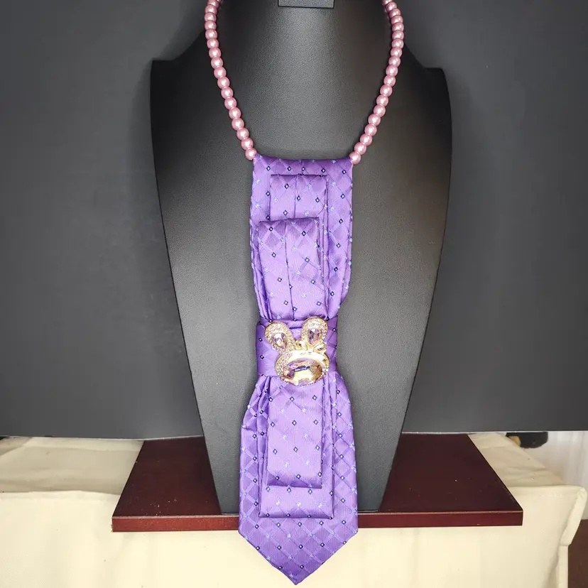 Upcycled Purple Elegance Tie Necklace with Brooch