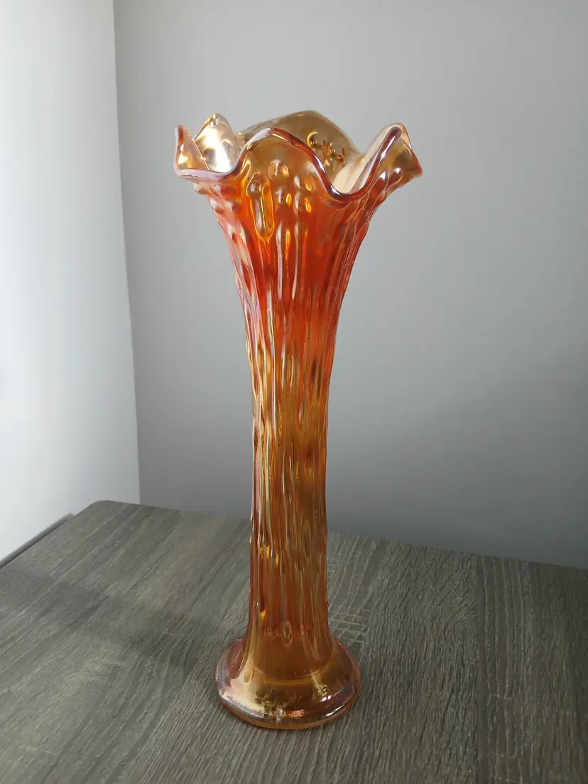 Antique Fenton Marigold Carnival Glass Fluted Swung Vase April Showers 12.5"