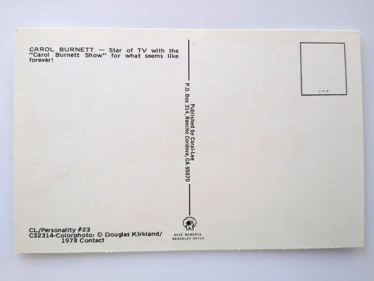 Carol Burnett Photo Postcard Stand Up TV Comedy Actress Star Unused Chrome 1978