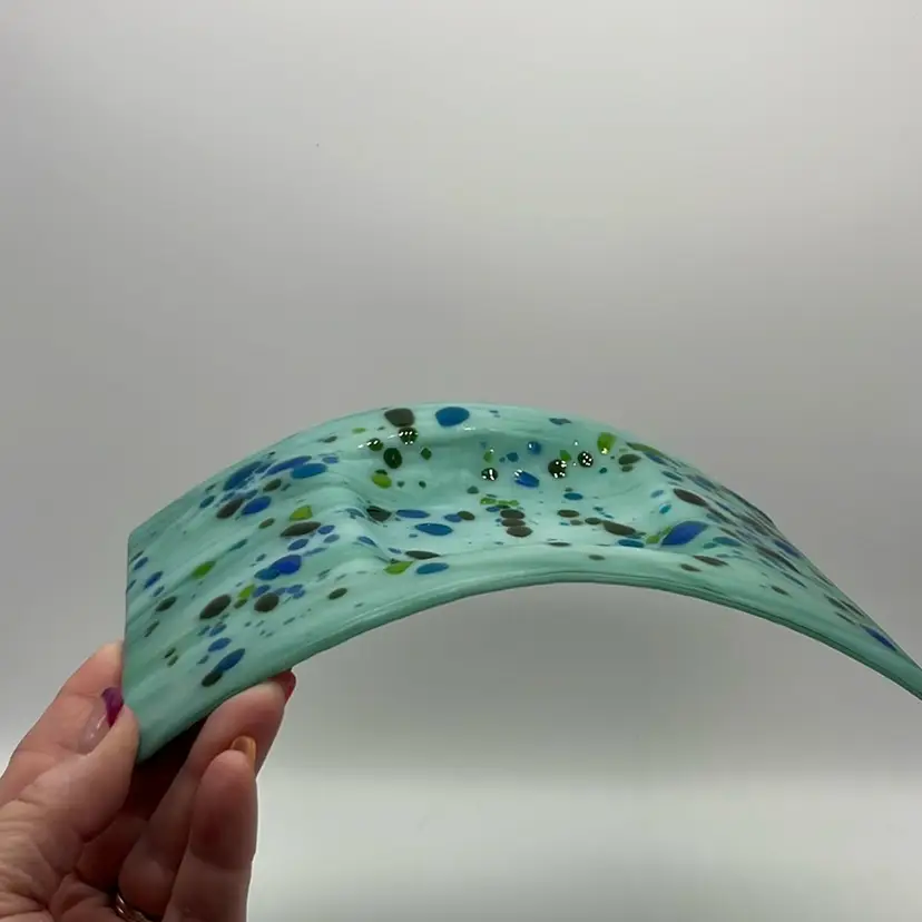 Fused Glass Speckled Designed Mint Green Curved Trinket Dish | 7.25”