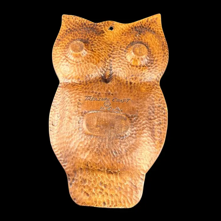 Vintage Owl Spoon Rest  Wall Decor Hanging Trinket Dish Green Florida Faux Wood Treasure Craft USA 1970s
