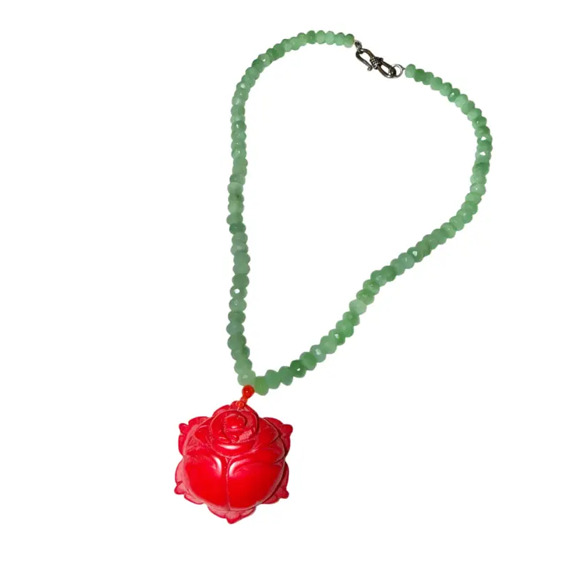 Beautiful Coral Rose Pendant and Green Agate Beads Necklace
