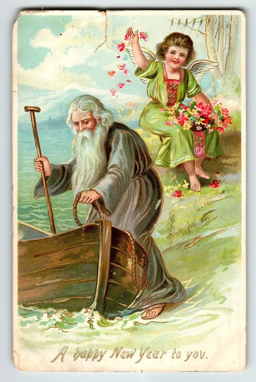 New Year Postcard Tuck Father Time Angel Boat Water 1909 Series 113 Embossed