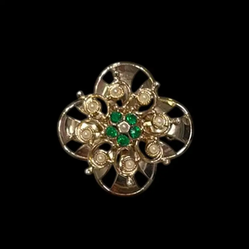Vintage Coro Green Rhinestone & Faux Pearl Gold-Tone Flower Brooch, 1.33”